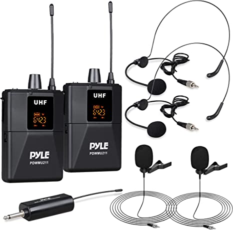 Dual UHF Wireless Microphone System - Portable Professional Cordless Microphone Set Wireless Mic Kit w/Headset Mic, Lavalier Mic, Beltpack Transmitter, Receiver - Karaoke & Conference - Pyle PDWMU211