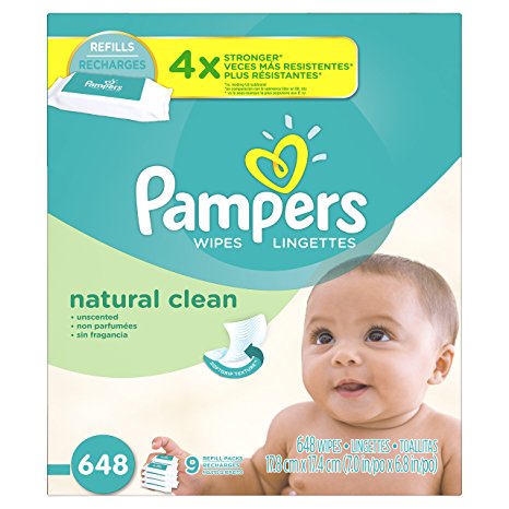 Pampers Baby Wipes Natural Clean (Unscented) 9X Refill, 648 Diaper Wipes