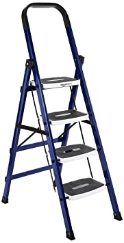 AmazonBasics Super Clamber - Non-Trip and Flat-Foldable Step Ladder, with Anti-Skid Steps and Double-Grip Technology, 4 Steps (Steel, Blue & White)