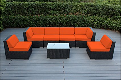 Ohana 7-Piece Outdoor Patio Furniture Sectional Conversation Set, Black Wicker with Orange Cushions - No Assembly with Free Patio Cover