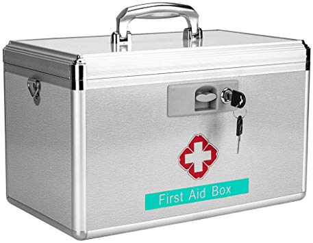 Emergency Medicine Box Storage - Empty Portable First aid Kit Medical Suppliers Organizer Pill Case Collection Container with Lock for Home Household Healthcare 15.9” L× 8.8”W × 9.1H” (X-Large)