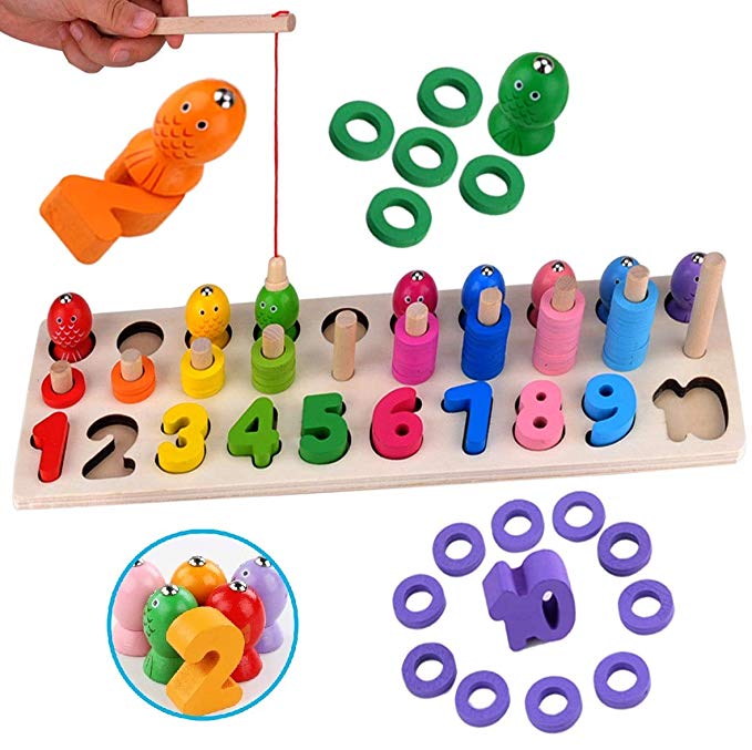 Sendida Montessori Toys Number Puzzle - Wood Math Shape Puzzle Fishing Game Color Sorting Preschool Stacking Blocks for Toddler Puzzles Toys Learning Math Number Toy for 2 3 4 5 Years Old