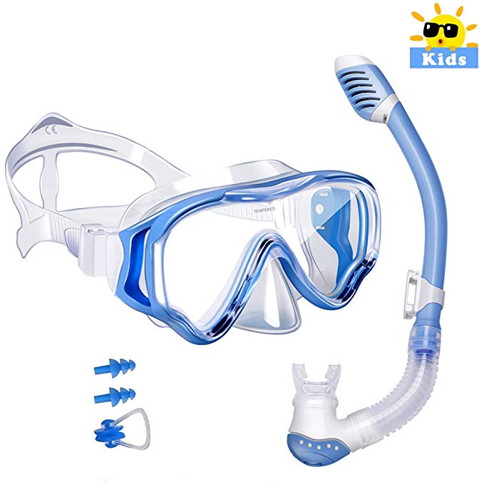 Powsure Kids Snorkel Set-Dry Top Seaview Snorkel Mask with Big Eyes Anti-Fog Tempered Glass for Children, Boys, Girls,Youth, Breath Underwater Silicon Mouth Piece for Snorkeling, Swimming, Diving