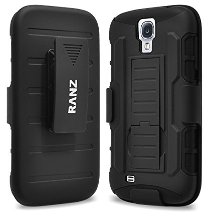 S4 Case, Galaxy S4 Case, RANZ Black Rugged Impact Armor Hybrid Kickstand Cover with Belt Clip Holster Case For Samsung Galaxy S4 i9500 with Touch Stylus