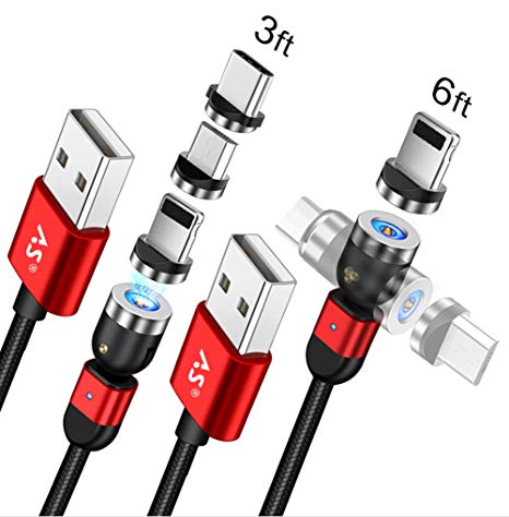 A.S 3 in 1 Magnetic Phone Charger Cable, 360° & 180° Rotation Magnetic Charging Cable, Compatible with Micro USB, Type C and iProduct (2 Pack,3ft/6ft) (Red)