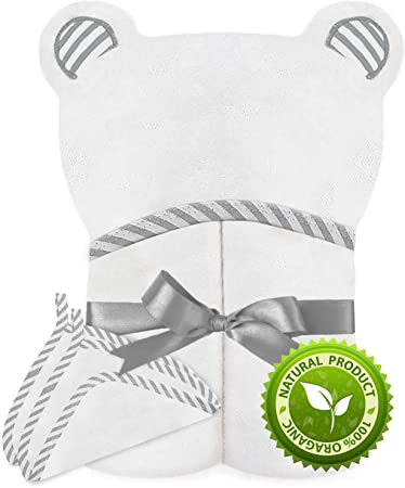 Spiny Babbler Organic Bamboo Hooded Baby Towel Large (40” x 28”) with 2 Bonus Washcloths for Newborn, Infant, Toddlers (Boys & Girls), Ultra Soft, Extra Thick, Perfect (Grey)