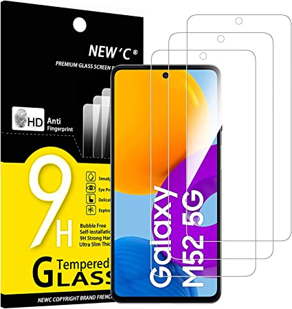 NEW'C 3 Piezas, Protector Pantalla para Samsung Galaxy M52 5G (6.7"), Cristal templado Antiarañazos, Antihuellas, Sin Burbujas, Dureza 9H, 0.33 mm Ultra Transparente, Ultra Resistente