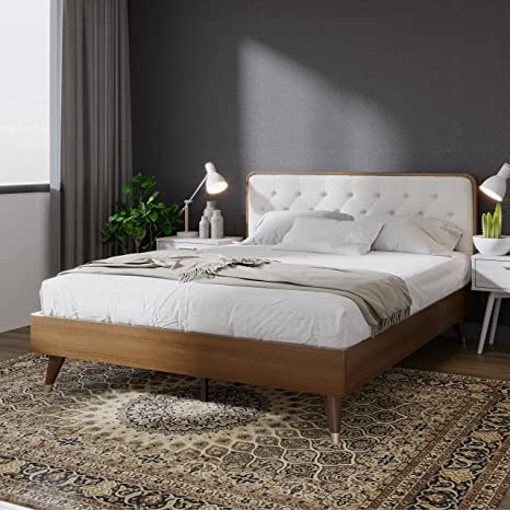 DG Casa Cassidy Mid Century Modern Upholstered Platform Bed Frame with Diamond Button Tufted Headboard and Full Wooden Slats, Box Spring Not Required - Queen Size in Beige Fabric