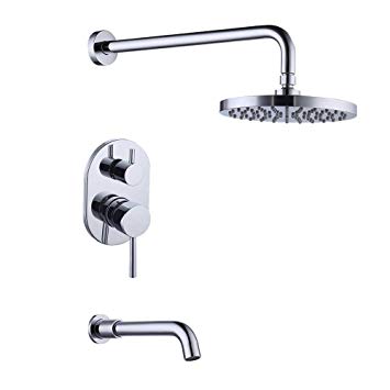 KES Pressure Balance Shower Valve Combo Complete Kit Bath and Shower Faucet Set Diverter Tub Spout Shower Arm and Fixed Showerhead Traditional Chrome, XB6232