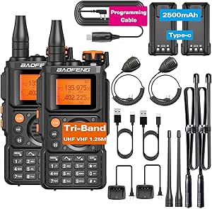 BAOFENG K6 Tri-Band Walkie Talkies - Long Range Handheld Ham Radio (2-Pack) with One-Touch Frequency Finder, AZ-74 Folding Antenna, NOAA Weather Radio and 999 Channels