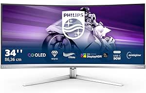 Philips Evnia 34M2C8600 - Moniteur de Jeu incurvé WQHD 34 Pouces, 175 Hz, Ambiglow, HDR400, FreeSync Premium Pro, G-Sync Comp. (3440x1440, 0,1 ms GtG, HDMI, DisplayPort, USB-C, USB Hub) Gris/Blanc