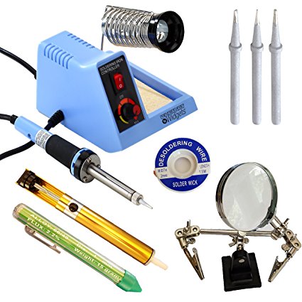 Whatnot Widgets 10 Piece Electronic Soldering Iron Station Kit with On/Off Switch, Adjustable Temperature 110V Electric 48 Watt Iron, 3 Tips, Helping Hands, Stand, Solder, Sucker, Wick, Tip Cleaner