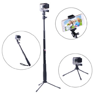 Smatree SmaPole Q3 Telescoping Pole  Selfie Stick Folding 3 Legs Support Stand for GoPro Hero Hero4 Hero3321 hd Cameras and 14 Threaded Hole Compact Cameras and Cell Phones With Cell Phone Holder Tripod Mount Adapter Thumbscrew