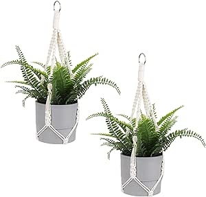 Macrame Plant Hanger, 2 Pack Boho Hanging Planters Baskets for Indoor Plants Decorative Braided Cotton Rope Flower Pot Holder with Metal Hook Rings for Outdoor Home Decor, No Tassels, Ivory, 20 Inchs