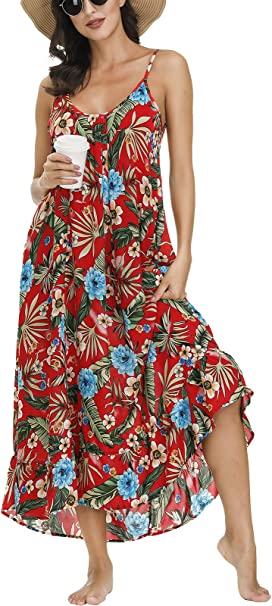 BUENOS NINOS Women's V Neck Floral Maxi Dress Boho Printed Adjustable Spaghetti Strap Ethnic Beach Long Dress with Pockets