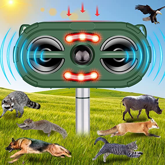 Ultrasonic Animal Repeller,Solar Powered Animal Repellent Outdoor Cat Repellent Dog Deterrent Waterproof Ultrasonic Bird Repellent with Motion Sensor for Squirrels Fox Rabbit Raccoon,Garden Yard Farm