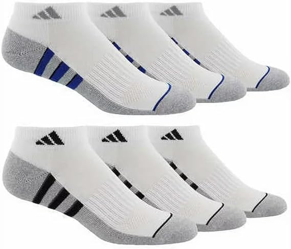 adidas 2 Pack Performance Aeroready Cushioned Low Cut Socks for Men and Women, Men's Shoe Size 6-12, White - Gray with Blue/Black Stripes (12 pairs Total)