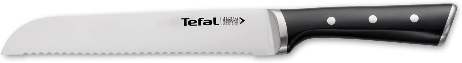 Tefal Ice Force Stainless Steel Bread Knife - 20cm - Serrated Edge, Long Lasting Performance - K2320414, Silver/Black