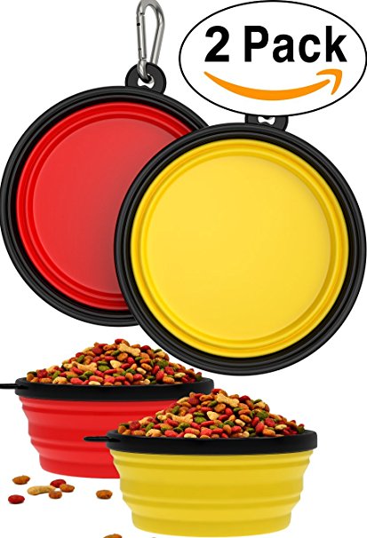 2 Pack Collapsible Travel Dog & Cat Bowl [FREE Carabiner] BPA Free - Pet Bowl for Large Small Dogs Cats & Puppy - Best Foldable Expandable Cup Dish Feeding Feeder Food Water Camping [Yellow & Red]