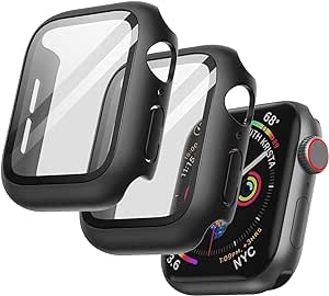 JETech Cover con Pellicola Protettiva per Apple Watch SE (2022/2020) /Series 6 5 4 44 mm, Custodia Protettiva Complessiva, Pellicola Integrata in Vetro Temperato, 2 Pezzi (Nero)