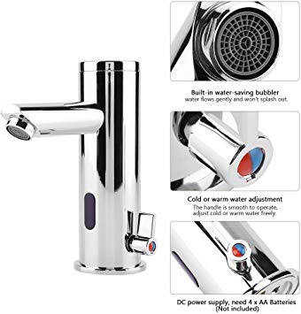 Yosoo Automatic Electronic Sensor Touchless Faucet, Automatic Sensor Sink Faucet with Temperature Control Handle Battery Powered Bathroom Basin Toilet Infrared Cold & Warm Mixer Tap