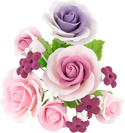 Global Sugar Art Garden Rose Sugar Cake Flowers Topper Bouquet, Pink & Lavender, 1 Count by Chef Alan Tetreault