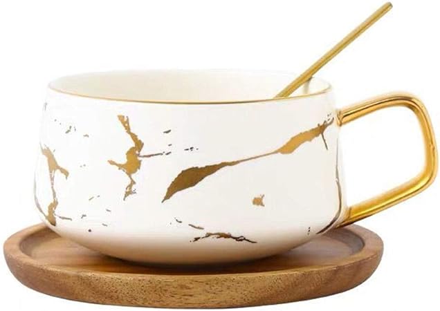 YBK Tech Porcelain Tea Cup Coffee Mug Set for Afternoon Tea - Marble Pattern (White, Short 300ml   wood saucer)