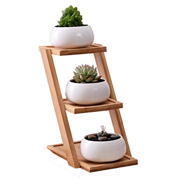 HaloVa Succulent Plant Pot, Modern Round Ceramic Cactus Plant Pot Container Planter Package with bamboo shelf, 3 Layer, 1 set