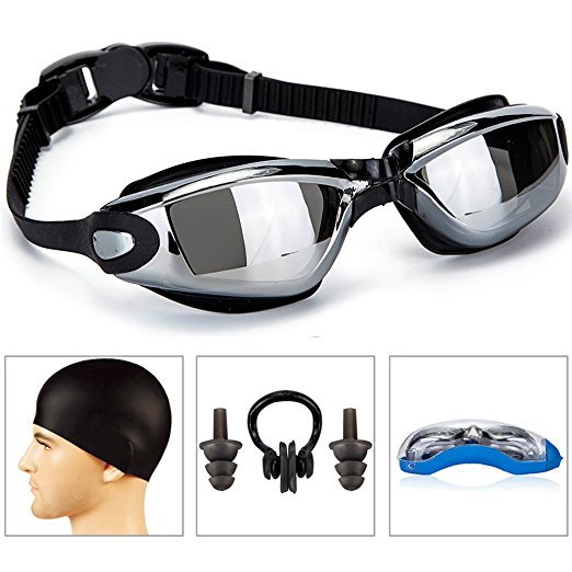 GAOGE Swimming Goggles   Swim Cap   Case   Nose Clip   Ear Plugs,Swim Goggles Anti Fog UV Protection for Adult Men Women Youth Kids Child Black