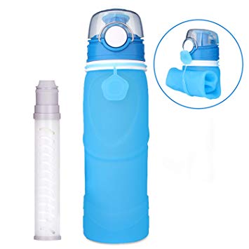 Geekpure Collapsible Water Bottle with Filter for Hiking and Camping- Reduce 99.99% Lead Arsenic Fluoride-Silicone BPA Free- 25.6 Ounce (Blue 1 Pc)