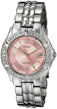 GUESS Women's G75791M Sporty Silver-Tone Watch with Pink Dial , Crystal-Accented Bezel and Stainless Steel Deployment Buckle