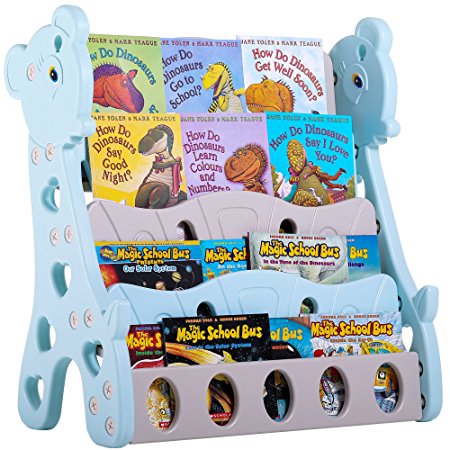 Kids Bookshelf, Superjare 4-shelf Bookcase Organizer, Cute Deer Book Rack Storage - Blue/ Gray