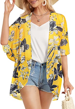 Women's Floral Print Puff Sleeve Kimono Cardigan Loose Cover Up Casual Blouse Tops