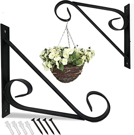 Cast Iron Hanging Basket Bracket Heavy Duty - Hanging Basket Wall Brackets for Plants - Wind Chime Garden Brackets，Plants Flowers and Fence Post Hanger Decorations，2 Pack.