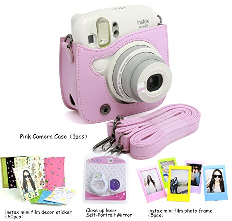 CAIUL Compatible Mini 25 Camera Case Bundle with Selfie Lens, Frames & Film Stickers for Fujifilm Instax Mini 25 26 (Pink, 4 Items)