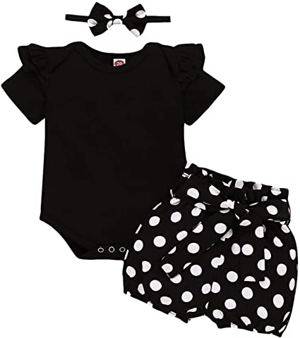 OPAWO Newborn Baby Girl Halloween Black Romper Shorts Polka-dot Bowknot Headband Cotton Clothes Set 0-18 Months