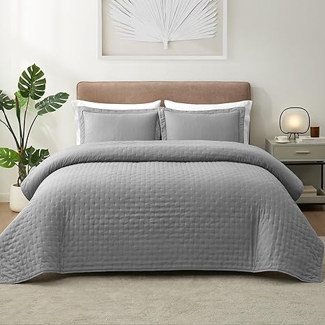 Hansleep Quilt Set Ultrasonic Lightweight Bed Decor Coverlet Set Comforter Bedding Cover Bedspread for All Season Use (Grey Dot, Full/Queen 90x96 inches)