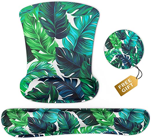 Ergonomic Hawaii Palm Leaves Mouse Pad Wrist Support & Keyboard Set Memory Foam Non-Slip Rubber Base Cute Mouse Mat Coaster for Home,Computer,Office Easy Typing and Relieve Wrist Pain