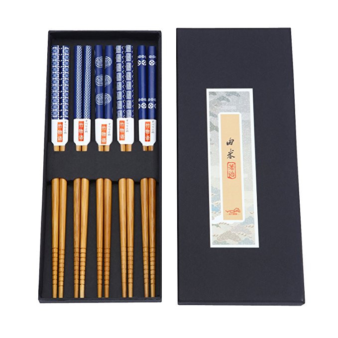 ZxU 5 Pair Natural Hard Bamboo Japanese Chopsticks Set with Gift Box (Blue)