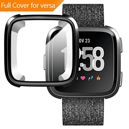 for Fitbit Versa Case, Soft TPU Protector for Fitbit Versa Accessories Rugged Protective Frame Shockproof Electroplating Protector Cover Shell for Versa Smart Watch (Black)