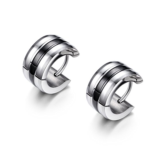 Silver Black Stainless Steel Spiral Thick Huggie Hoop Earrings for Men