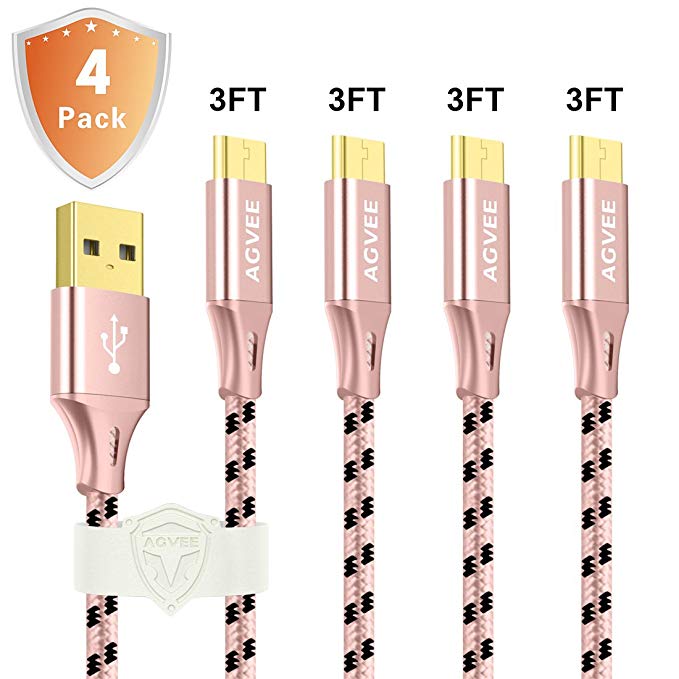 3A Current Fast Micro USB Cable [4 Pack 3FT] ?Heavy Duty Pink Metal Shell Nylon Braided Durable Charger Cord Agvee Android Charging Cable for Samsung Galaxy S7 S6 S5 Note 5 J7, PS4 [Safe, in-case]