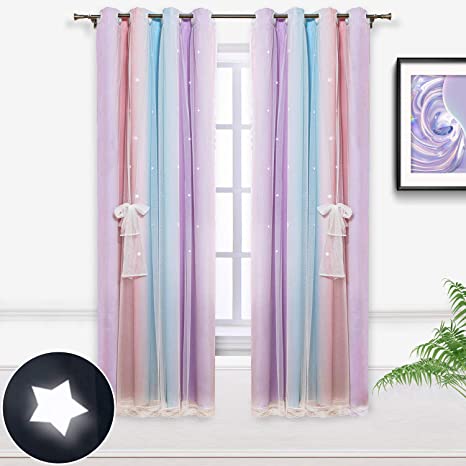 Hughapy Star Curtains Stars Blackout Curtains for Kids Girls Bedroom Living Room Colorful Double Layer Star Cut Out Stripe Window Curtains, 1 Panel (52W x 84L, Pink / Purple)