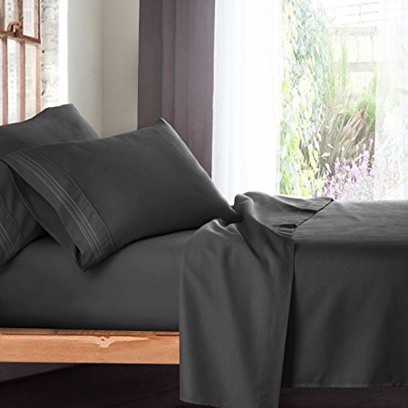 Full Size Bed Sheets Set, Grey Charcoal (Gray) - Soft Luxury Best Quality 4-Piece Bed Set - Features Special Tight Fit Corner Straps on Extra Deep Pocket Fitted Sheets   Fun "Better Sleep Guide"