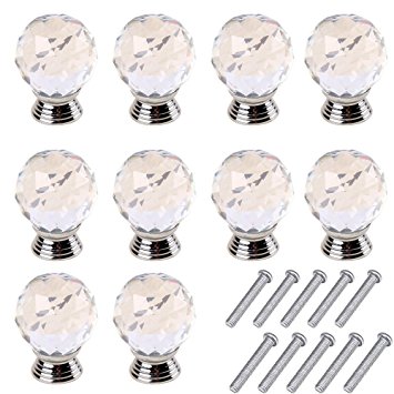 Mosong 10pcs 30mm Glass Clear Cabinet Knob Drawer Pull Handle Kitchen Door Wardrobe Hardware Used for Cabinet, Drawer, Chest, Bin, Dresser, Cupboard, Etc (Clear-Silver)