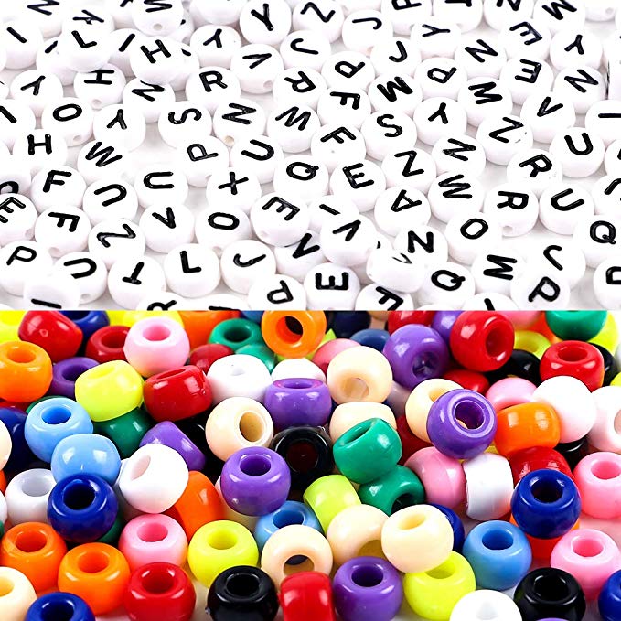 DICOBD 1000pcs Beads Kit, Letter Beads, Large Hole Beads Multi Color, White Acrylic Alphabet Beads for Name Bracelets, Jewelry Making and Crafts with 2 Elastic String Cords