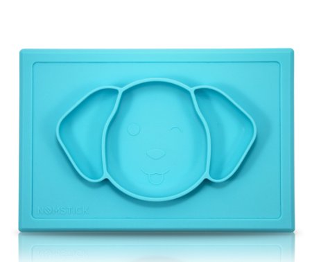 NomStick Junior Mat suctions to High Chair Trays - Ideal size all-in-one Silicone Placemat Suction Plate, Portable for Eating Out or Travel, cute puppy face for baby and toddlers (Sky Blue)