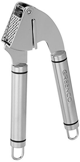 Greenco Heavy Duty Solid Stainless Steel Garlic Press, Crusher, Mincer, Including 2 Free Bonuses Inside, Silicone Garlic Peeler and a Cleaning Brush