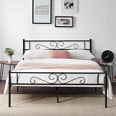 VECELO Double Bed Frame Metal 4ft 6 Platform Bedsted Base with Vintage HeadBoard & Footboard for Large Storage Space for Adults, Easy Assembly,190X135cm, Black