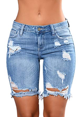 Karlywindow Womens Stretchy Denim Shorts Folded Hem Ripped Jeans Shorts